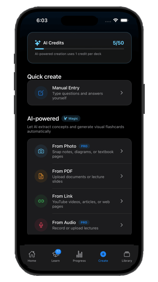 Create flashcards from YouTube, photos, PDFs, and more